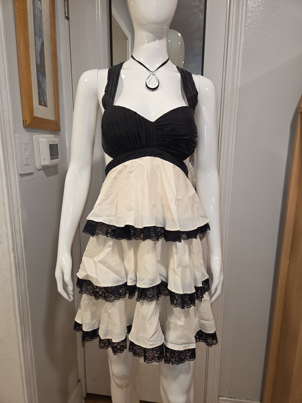 Bebe Black and Cream Tiered Lace Halter Dress